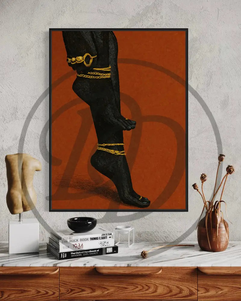 Modern African American artwork of jewelry, heels, and faceless portrait.