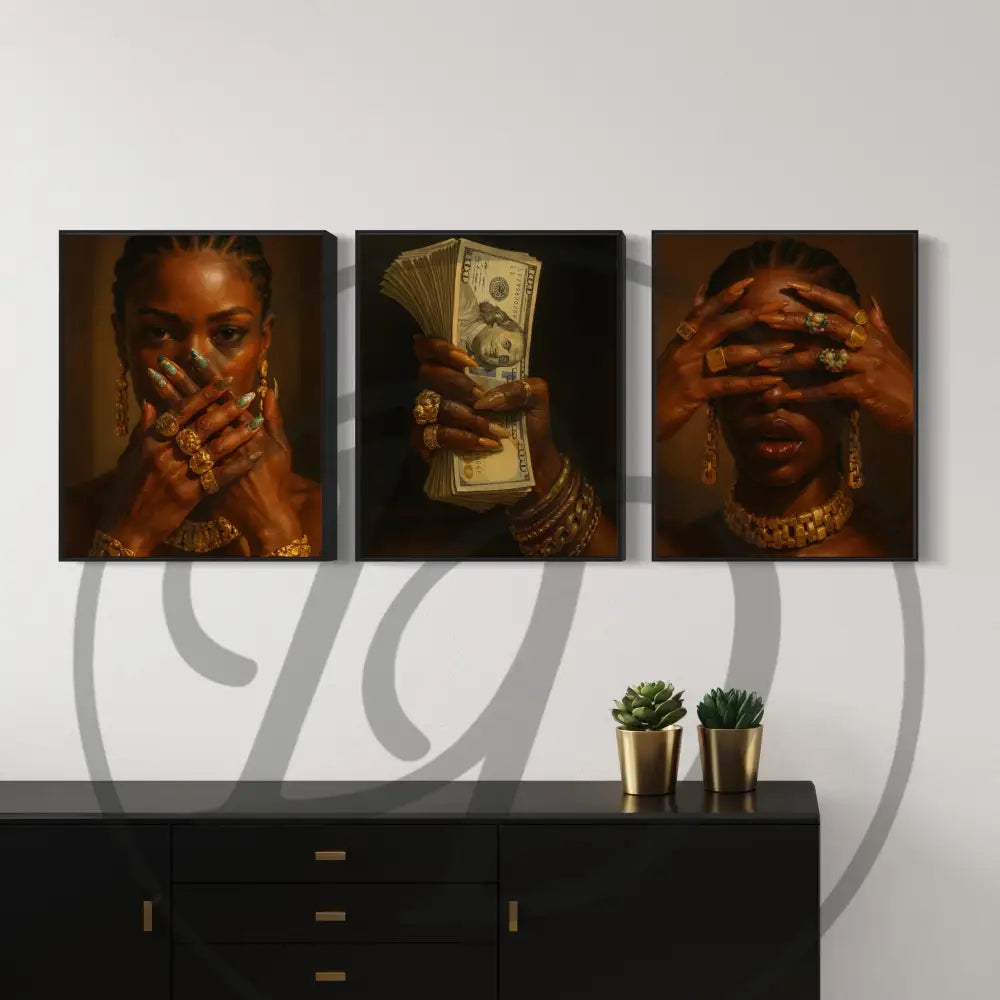 Printable Afrocentric art set of Black woman jewelry, gold grillz, and cash.