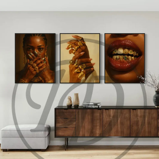 Afrocentric digital wall art 5-piece set featuring Black woman luxe lifestyle details: hands, jewelry, cash, and gold grillz. Printable African art for modern homes.