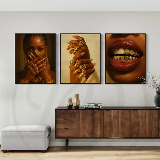 Afrocentric digital wall art 5-piece set featuring Black woman luxe lifestyle details: hands, jewelry, cash, and gold grillz. Printable African art for modern homes.