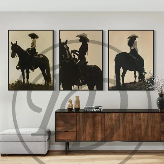 Afrocentric digital wall art 3-piece set of Black woman riding horses in soft sepia tones. Printable African art for modern and rustic interiors.