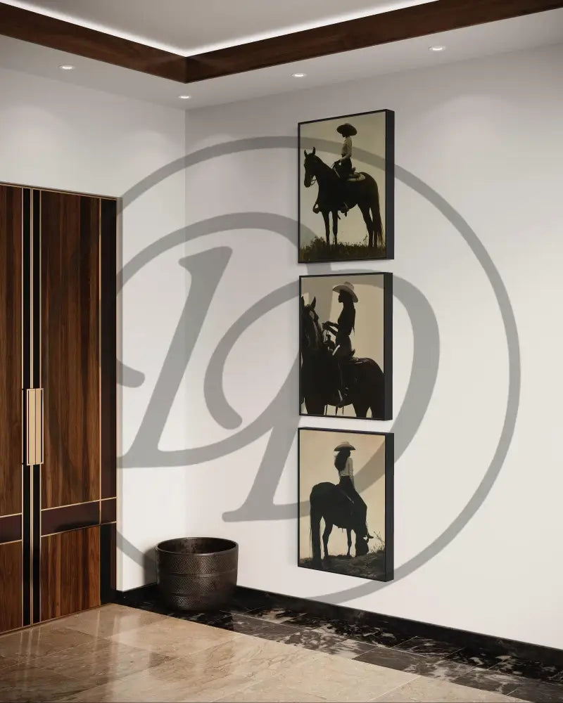 Black culture-inspired wall art triptych of horse riding and freedom.