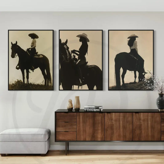 Afrocentric digital wall art 3-piece set of Black woman riding horses in soft sepia tones. Printable African art for modern and rustic interiors.