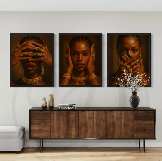 Afrocentric digital wall art 3-piece set featuring a Black woman in gold jewelry posing for “See No Evil, Hear No Evil, Speak No Evil.” Printable African art for modern homes.