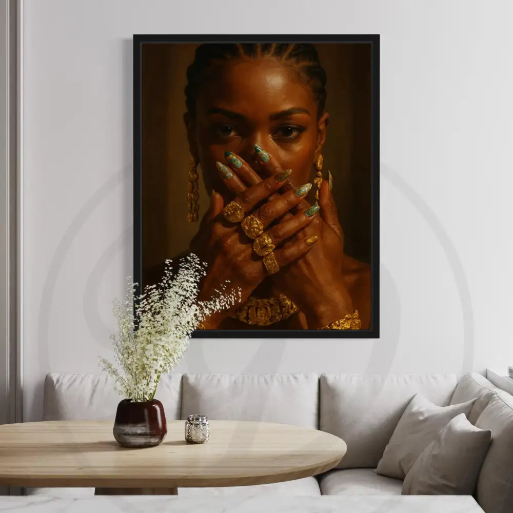 Digital wall art 3-piece set of Black female portraits with gold accessories.