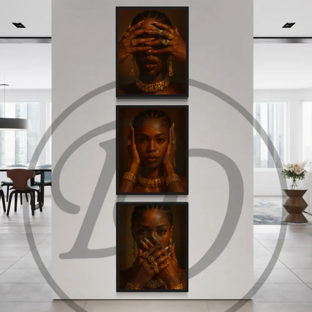 Black culture-inspired wall art triptych with luxury gold details.