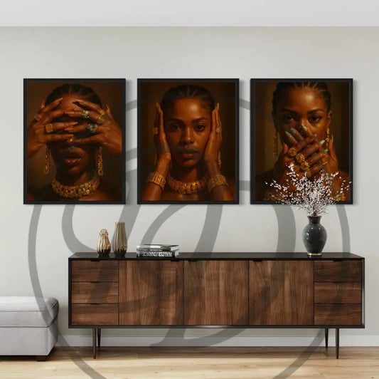 Afrocentric digital wall art 3-piece set featuring a Black woman in gold jewelry posing for “See No Evil, Hear No Evil, Speak No Evil.” Printable African art for modern homes.