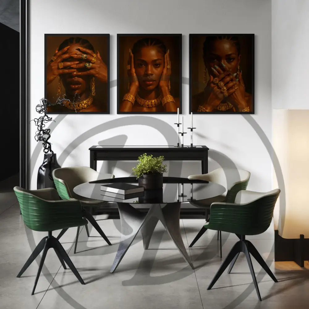 Printable Afrocentric art set of a Black woman in symbolic “See No Evil” poses.