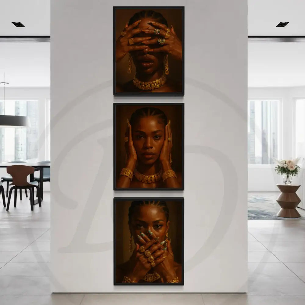 Black culture-inspired wall art triptych with luxury gold details.