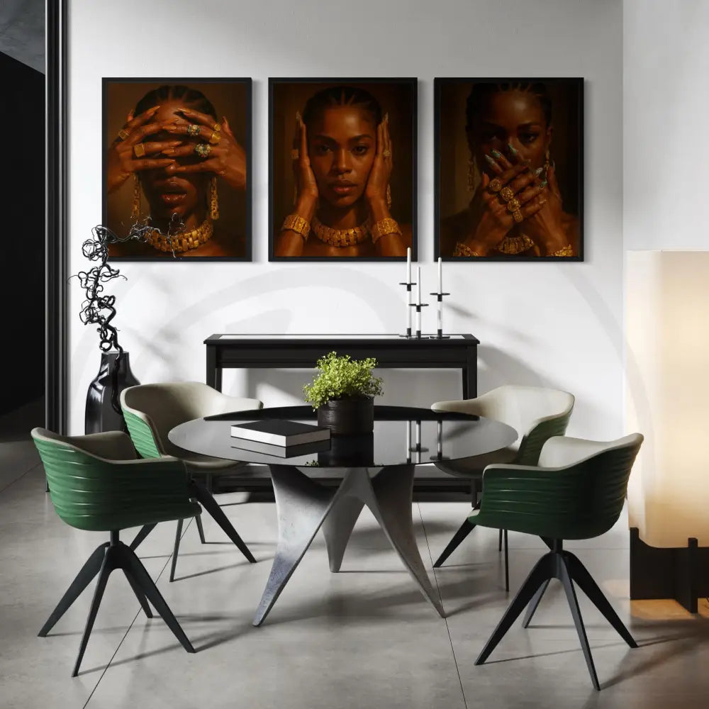 Printable Afrocentric art set of a Black woman in symbolic “See No Evil” poses.