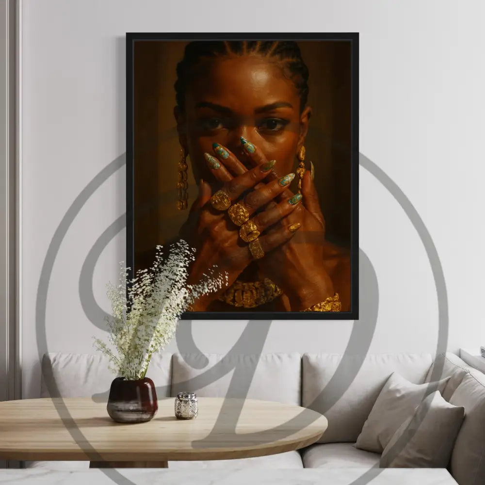 Digital wall art 3-piece set of Black female portraits with gold accessories.