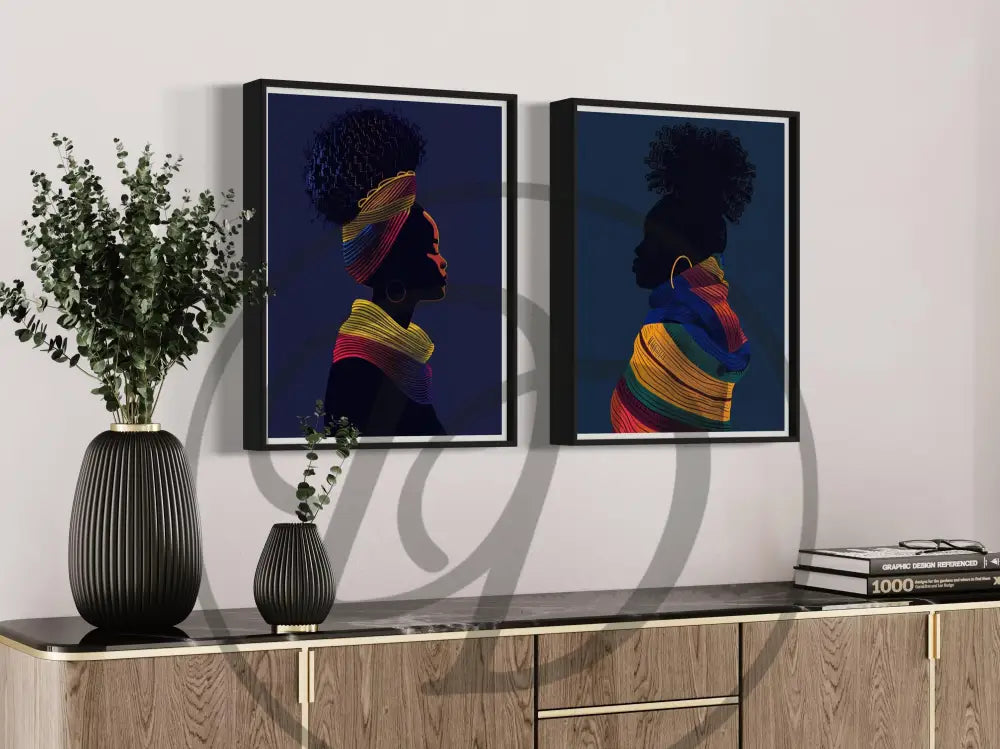 Afrocentric printable collection of Black women in vibrant headwraps.


