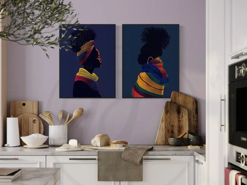 Digital wall art 2-piece set of faceless Black women silhouettes and textiles.