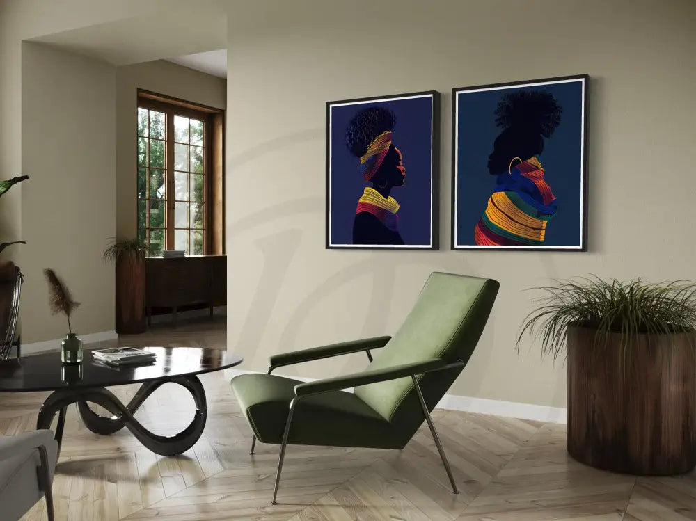 Two-piece digital art set of Black woman profiles and bold African designs.