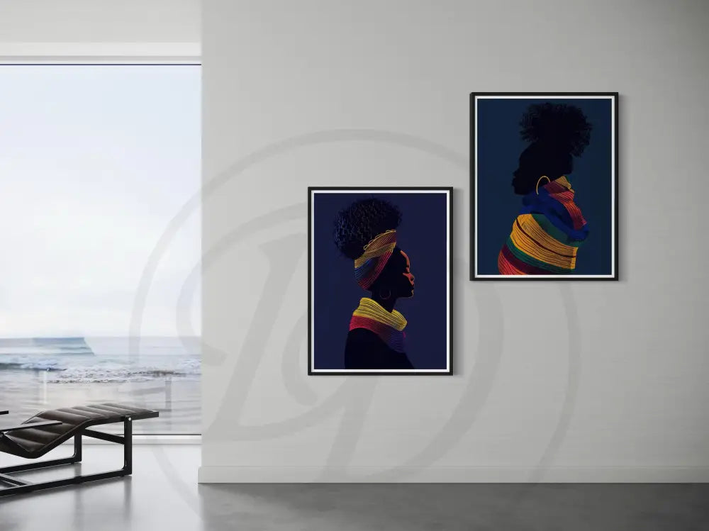 Black culture-inspired wall art set with elegant side silhouettes and fabrics.