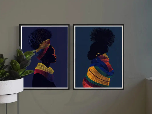 Afrocentric digital wall art 2-piece set of Black woman silhouettes wrapped in vibrant African fabrics. Printable art for modern and minimalist interiors.