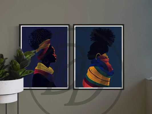 Afrocentric digital wall art 2-piece set of Black woman silhouettes wrapped in vibrant African fabrics. Printable art for modern and minimalist interiors.