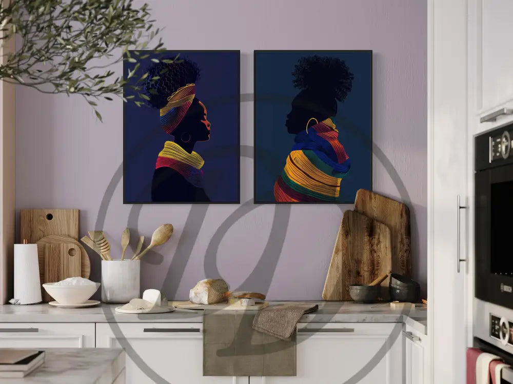 Digital wall art 2-piece set of faceless Black women silhouettes and textiles.