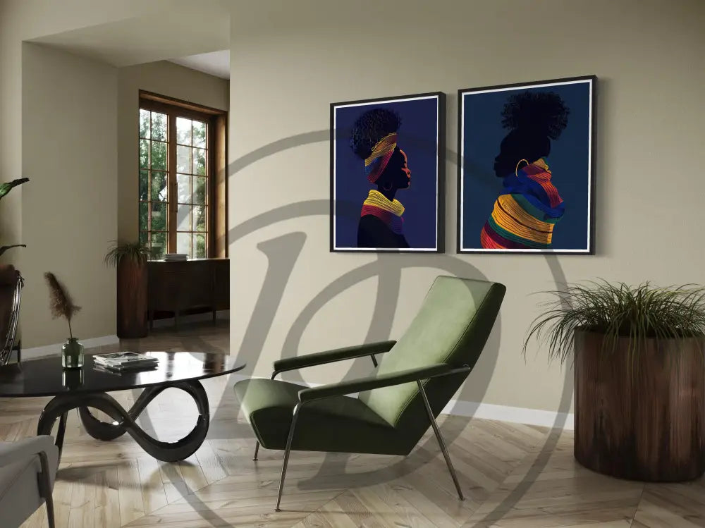 Two-piece digital art set of Black woman profiles and bold African designs.
