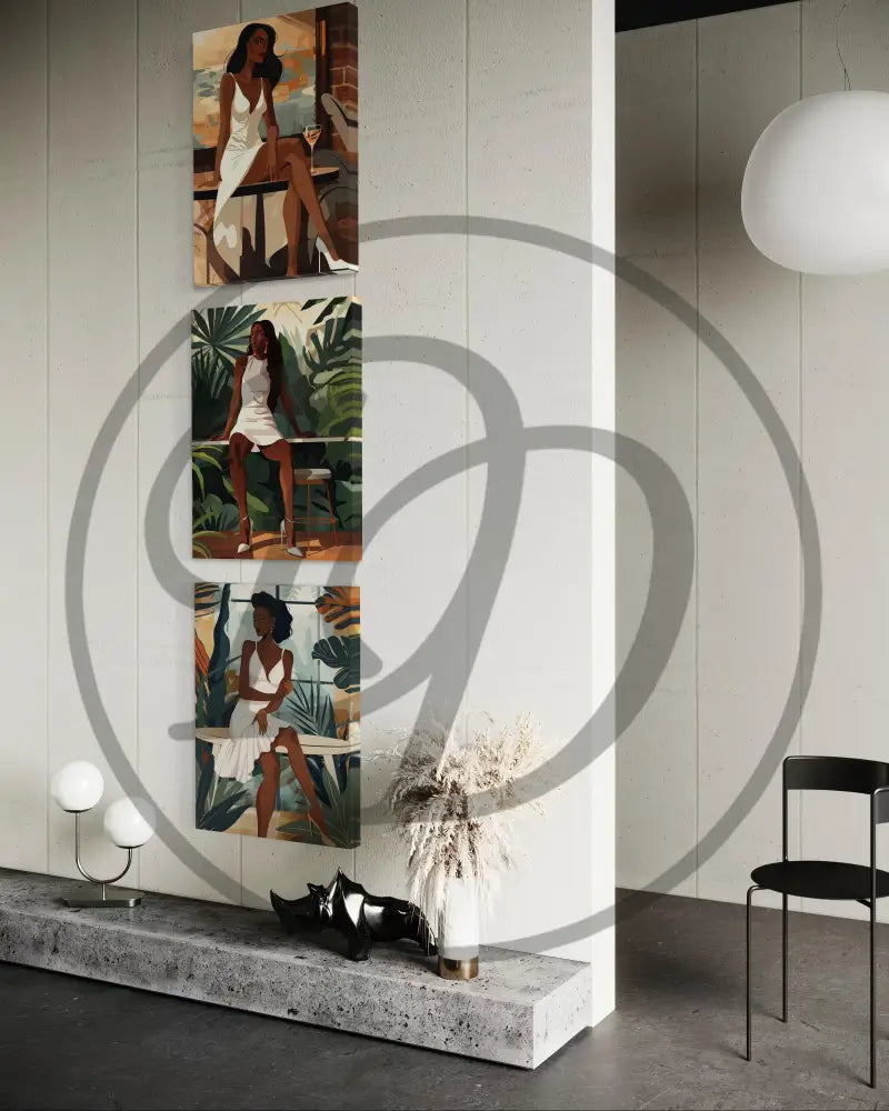 Black culture-inspired wall art triptych with urban chic and lush greenery.