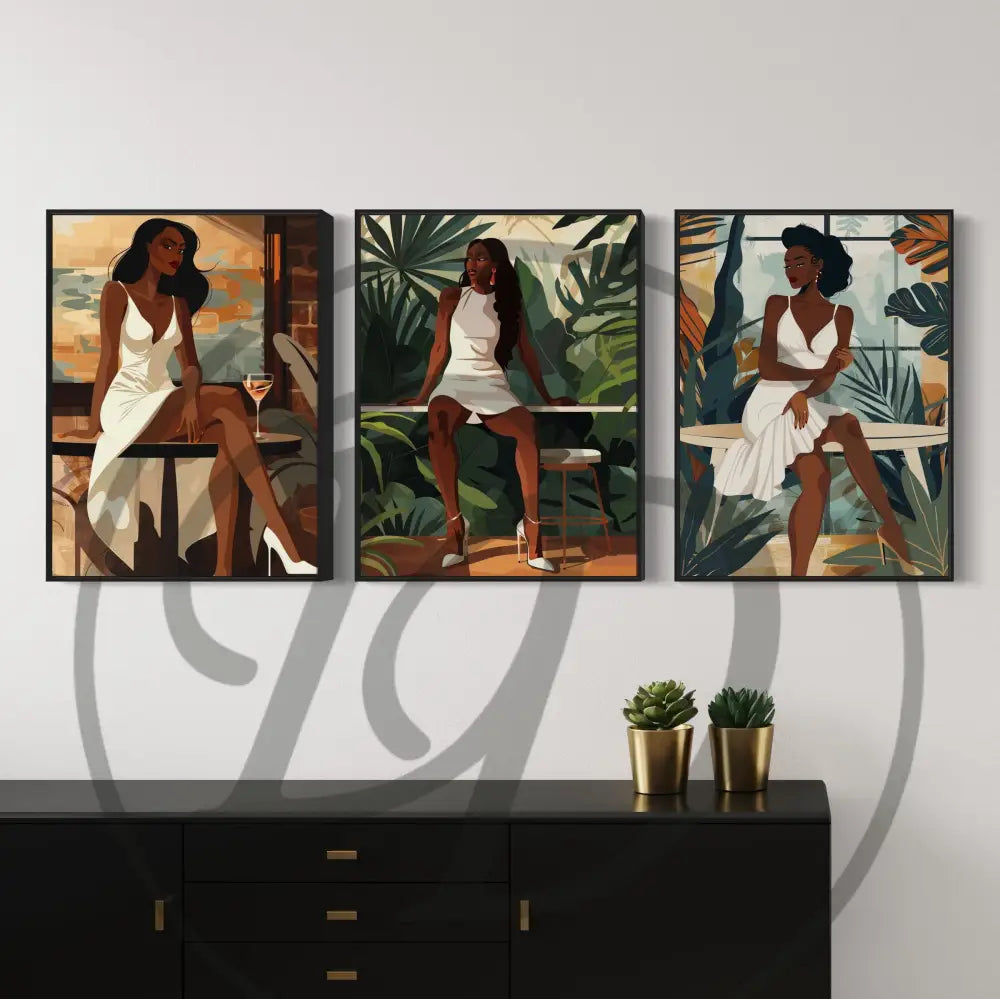 Afrocentric digital wall art 3-piece set of Black women in café and garden settings wearing elegant white dresses. Printable art for modern interiors.