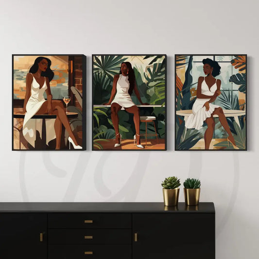 Afrocentric digital wall art 3-piece set of Black women in café and garden settings wearing elegant white dresses. Printable art for modern interiors.