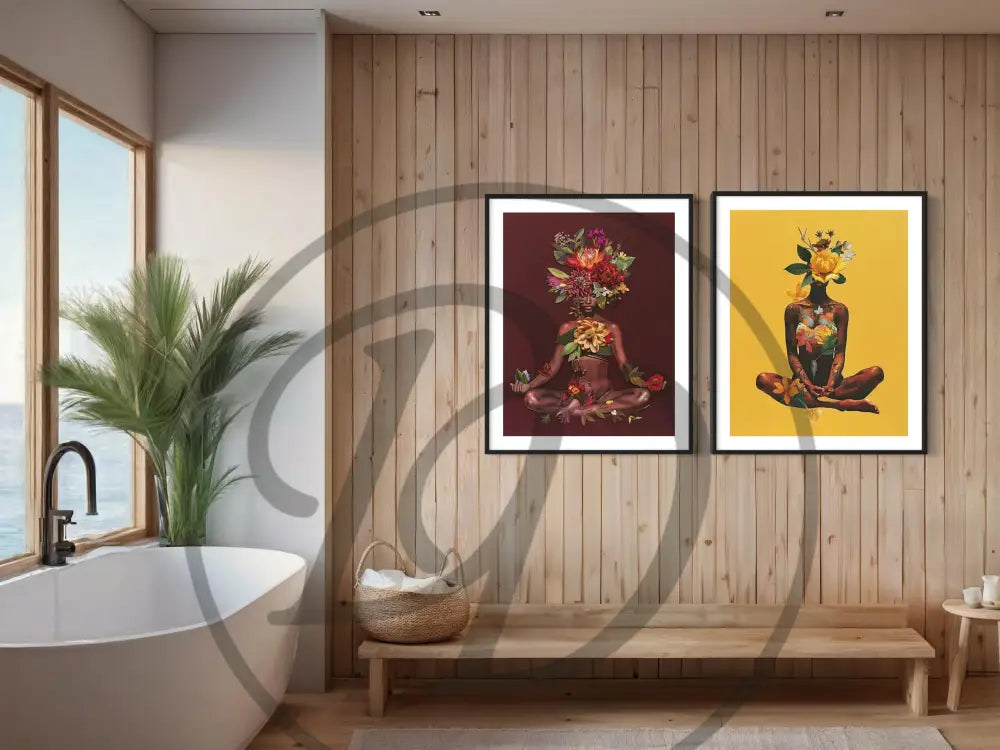 Printable Afrocentric art set of Black women in yoga poses with floral accents.