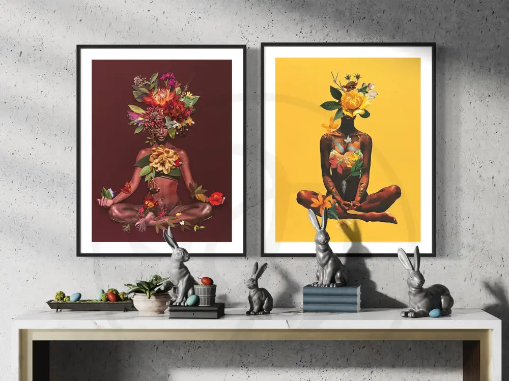 Digital wall art 2-piece set of faceless Black female meditation portraits.