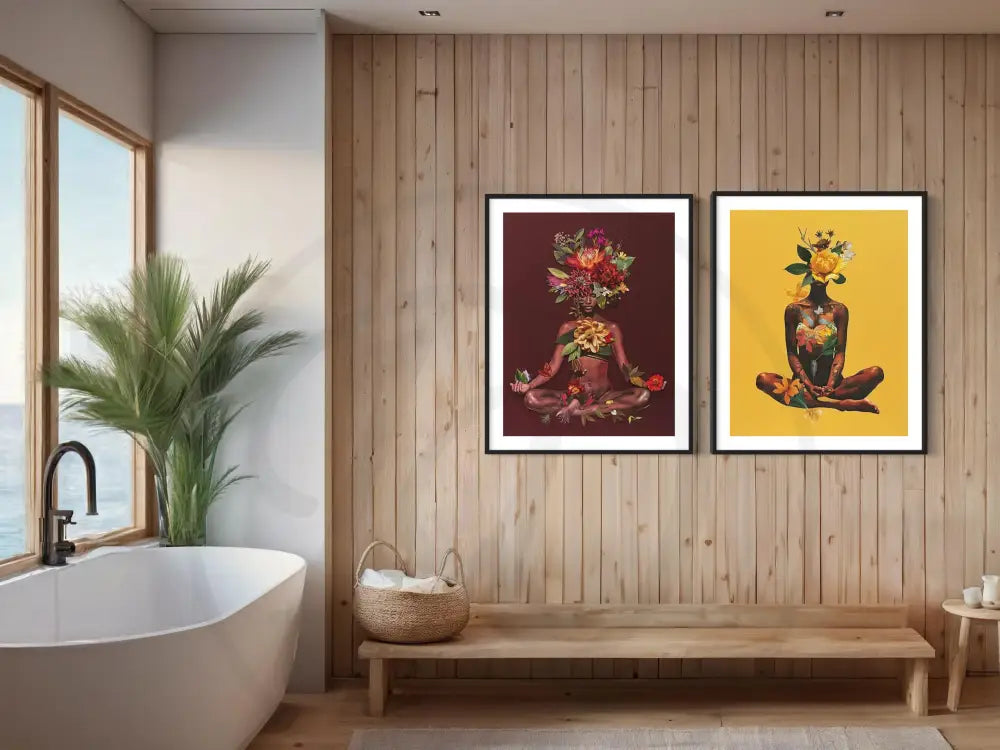 Printable Afrocentric art set of Black women in yoga poses with floral accents.
