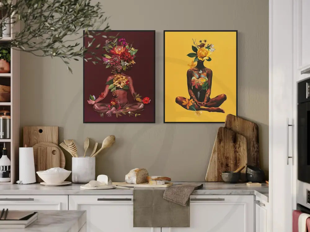 Two-piece digital art set of floral Black woman portraits in rich tones.
