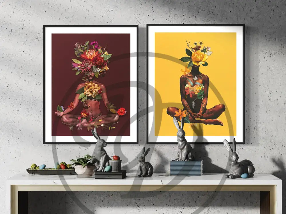 Digital wall art 2-piece set of faceless Black female meditation portraits.