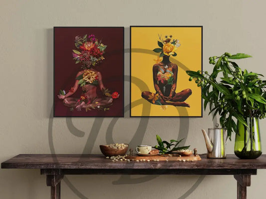 Afrocentric digital wall art 2-piece set of Black women meditating with floral crowns in bold burgundy and yellow tones. Printable art for modern homes.