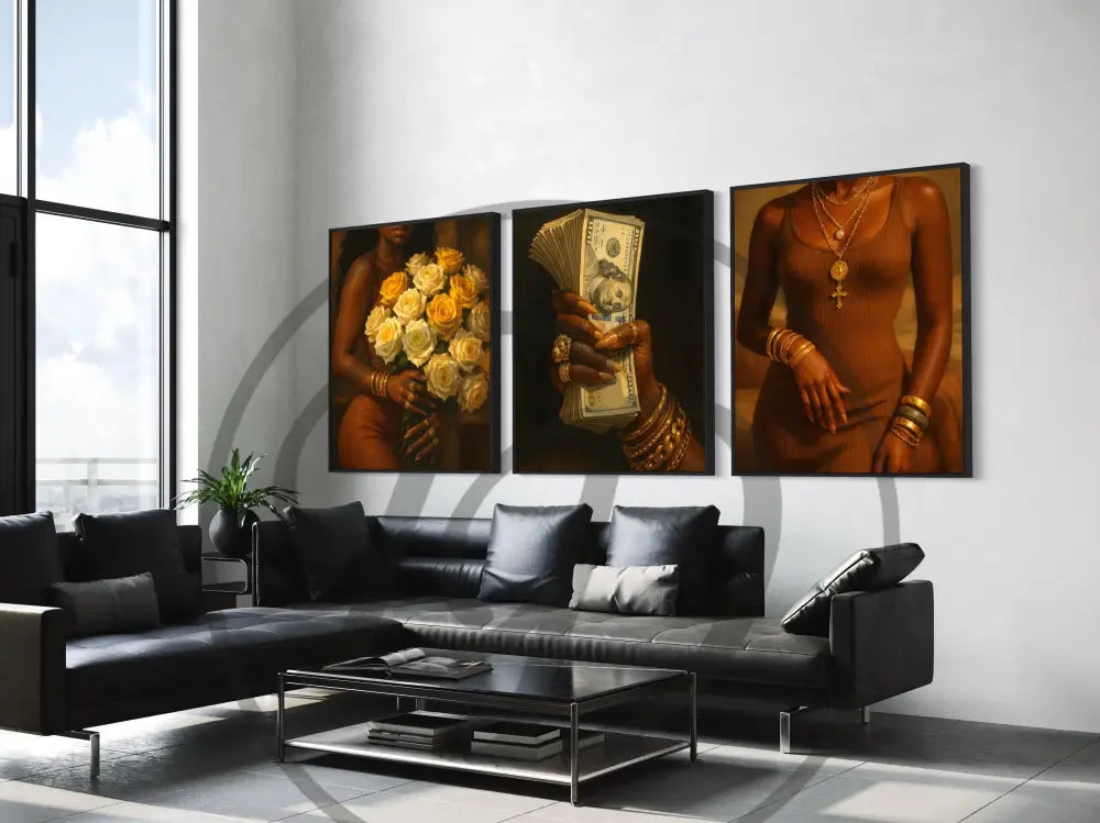 Printable Afrocentric art set of Black women with luxurious style elements.
