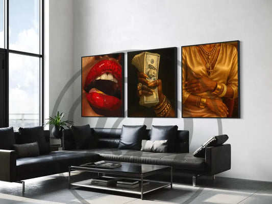 Afrocentric digital wall art 5-piece set of Black women with jewelry, cash, and bold colors. Printable luxury art for modern interiors.