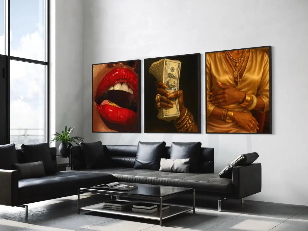 Afrocentric digital wall art 5-piece set of Black women with jewelry, cash, and bold colors. Printable luxury art for modern interiors.