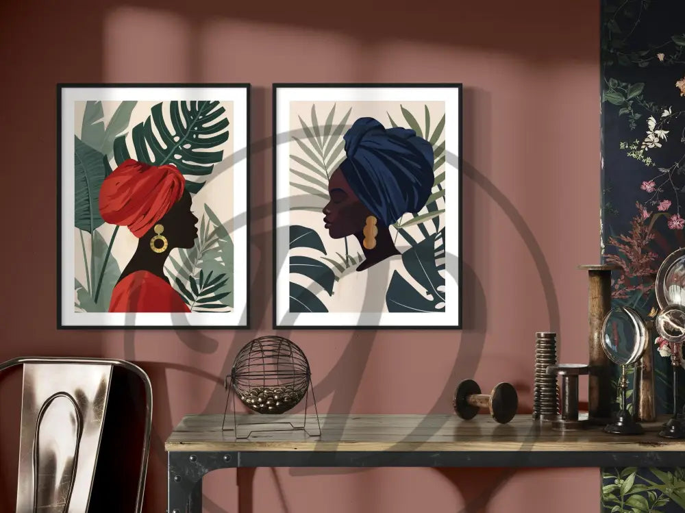 Afrocentric digital wall art 2-piece set of minimalist Black women in headwraps and earrings with botanical backdrops. Printable modern African art.