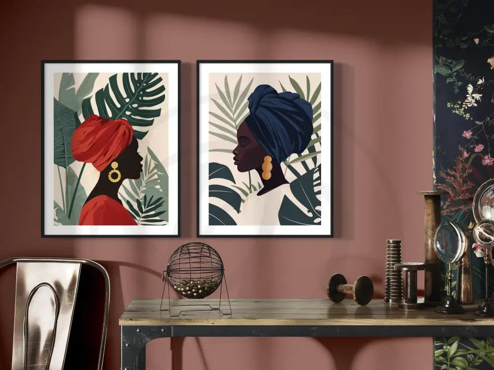 Afrocentric digital wall art 2-piece set of minimalist Black women in headwraps and earrings with botanical backdrops. Printable modern African art.