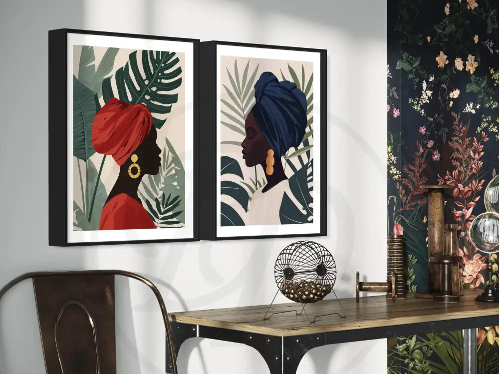 Printable Afrocentric art set of Black women in bold headwraps and jewelry.