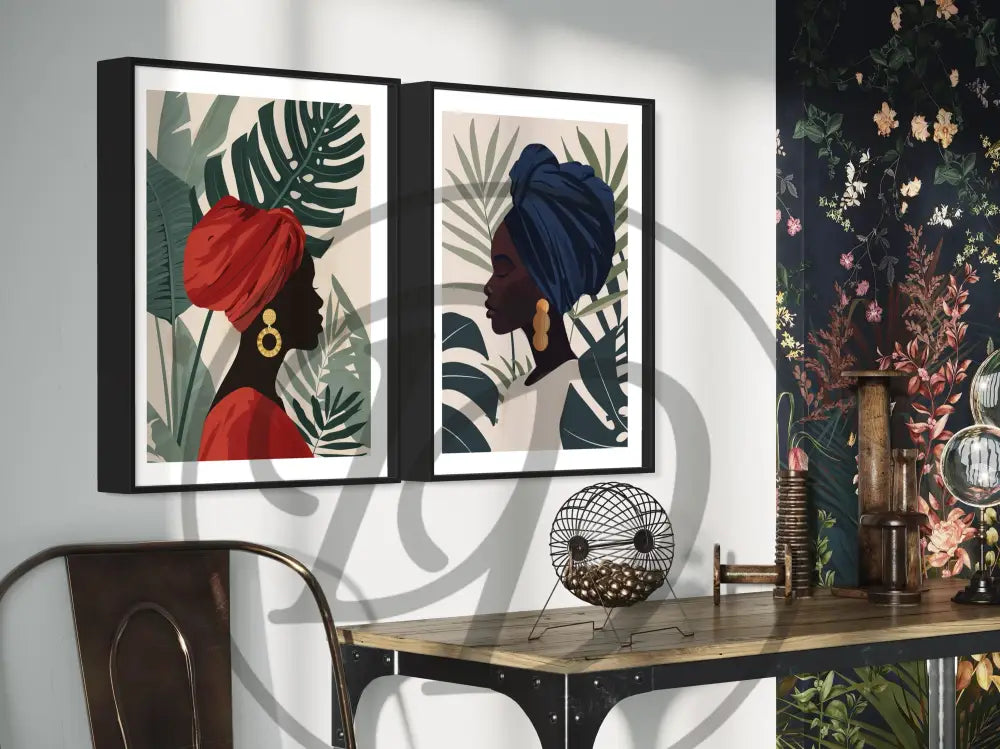 Printable Afrocentric art set of Black women in bold headwraps and jewelry.