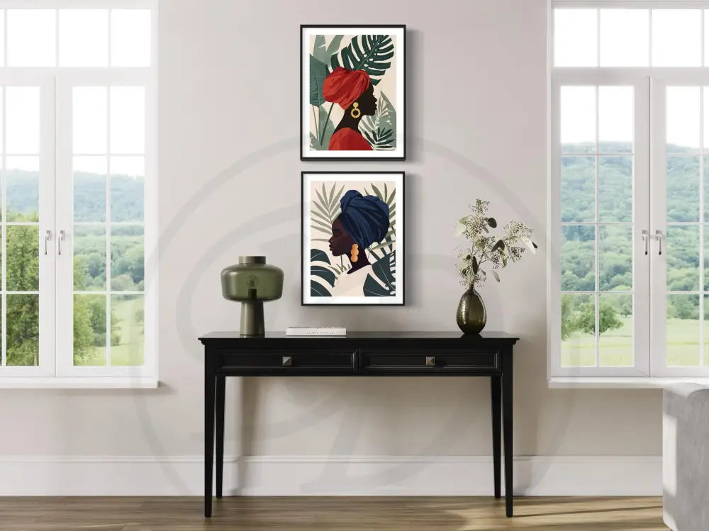 Digital wall art 2-piece set of minimalist Black woman silhouettes.