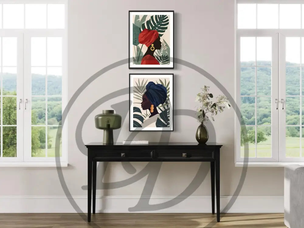 Digital wall art 2-piece set of minimalist Black woman silhouettes.
