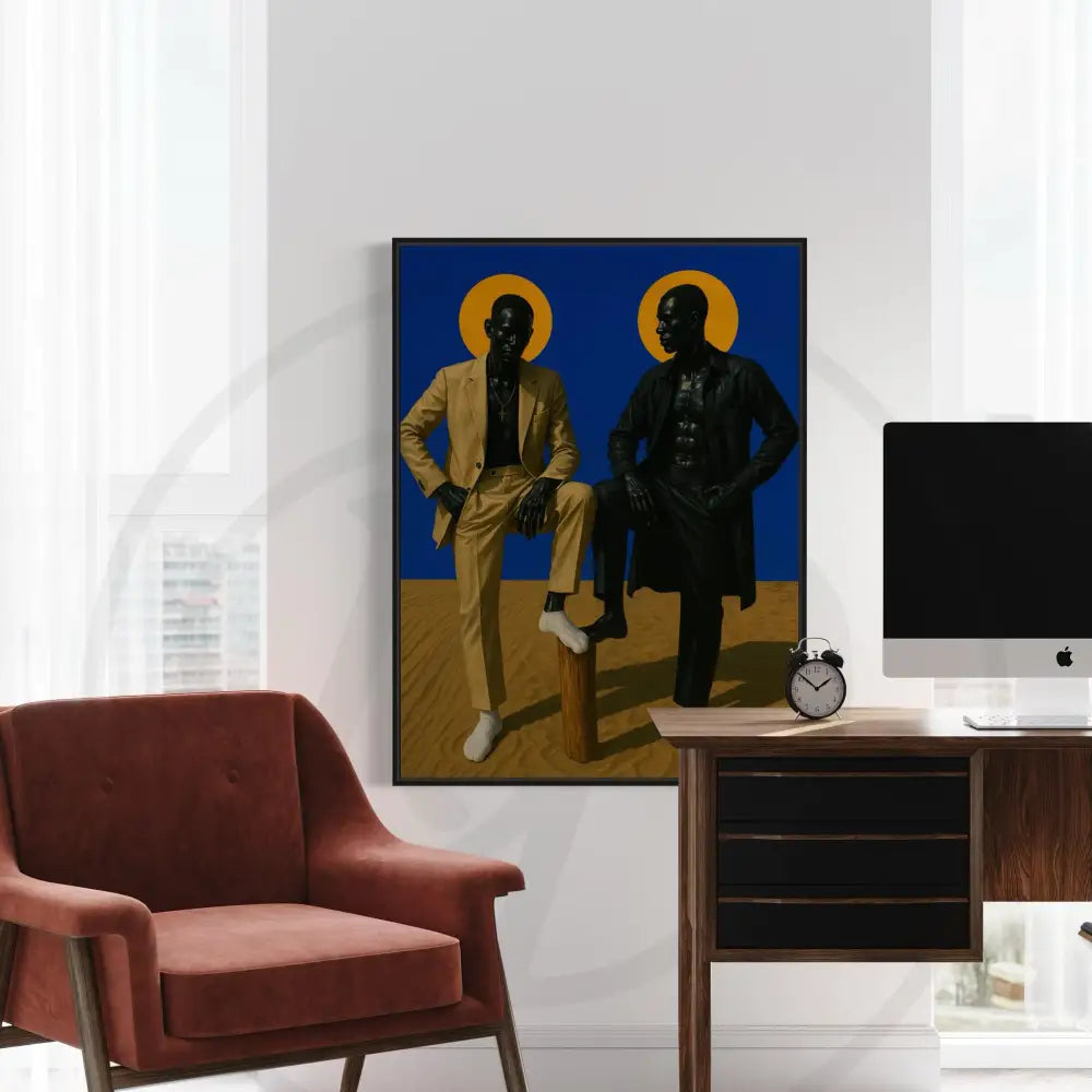 Printable Afrocentric art of two Black men wearing tailored suits and gold halos.
