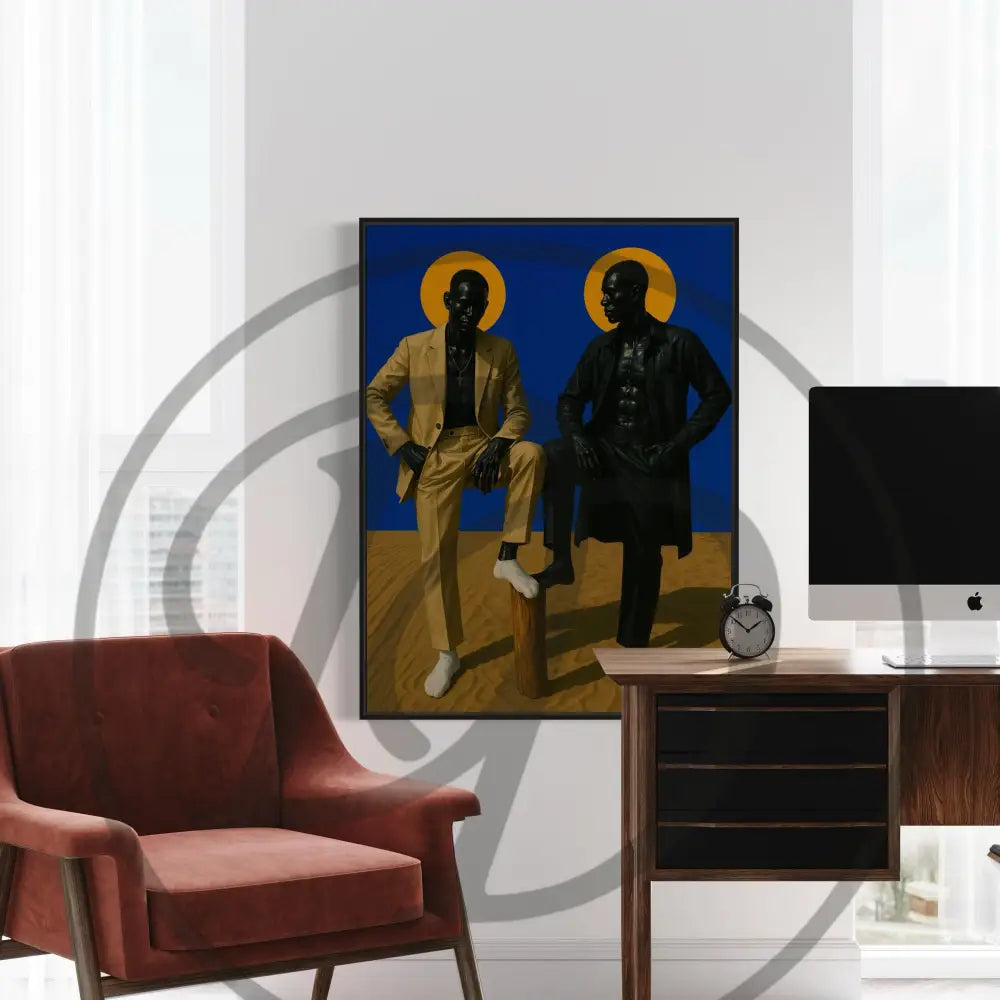 Printable Afrocentric art of two Black men wearing tailored suits and gold halos.