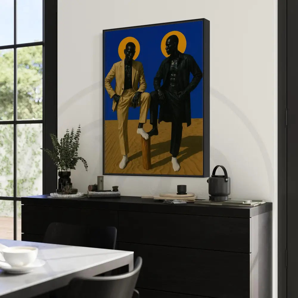 Stylish urban wall art download of two Black men standing in a symbolic pose.