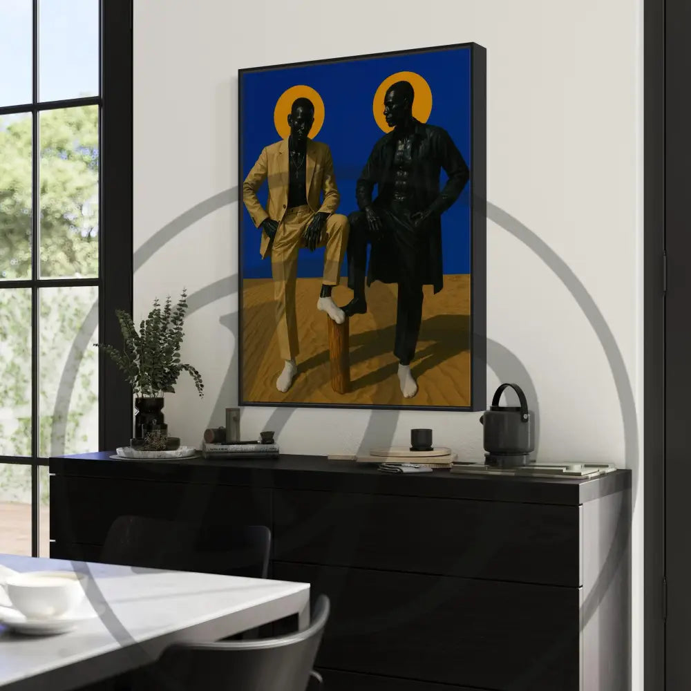 Stylish urban wall art download of two Black men standing in a symbolic pose.