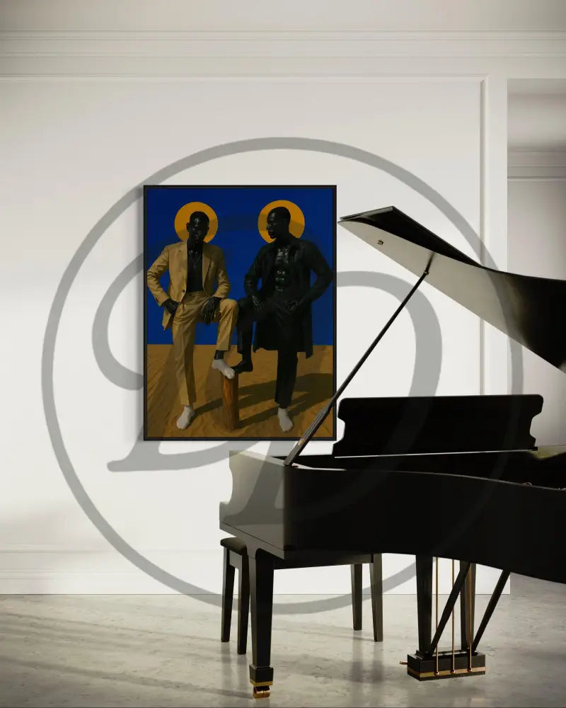 Bold African American art print of men in suits with minimalist blue backdrop.