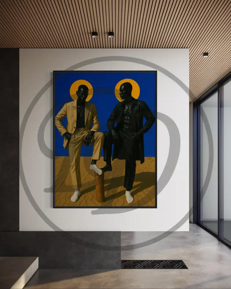 Afrocentric digital wall art of two Black men in stylish suits standing on sand with golden halos against a deep blue background. Printable Black art for modern interiors.