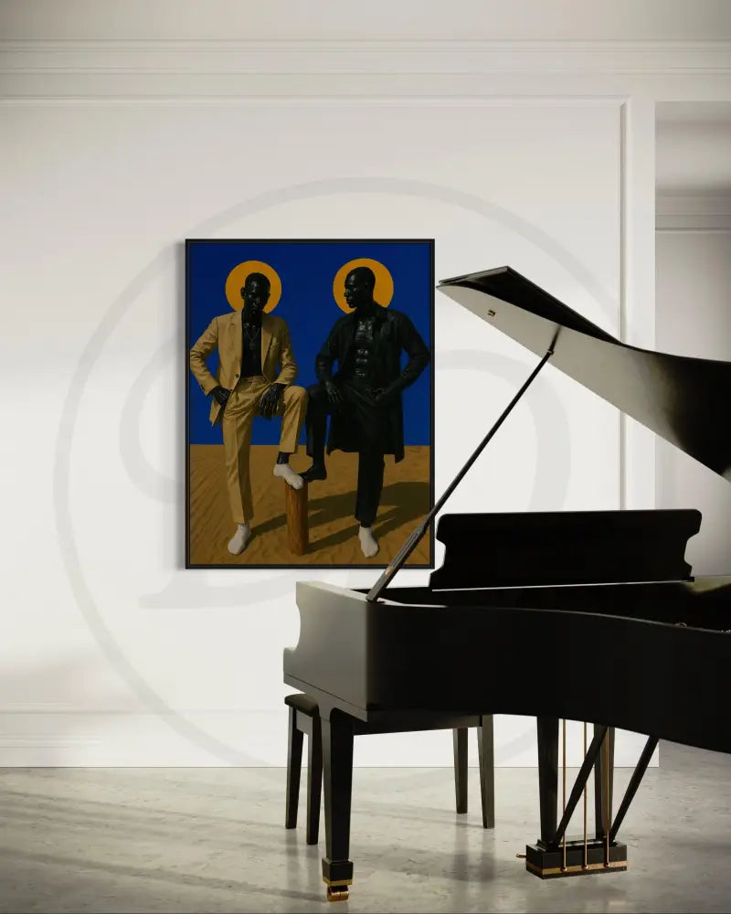 Bold African American art print of men in suits with minimalist blue backdrop.