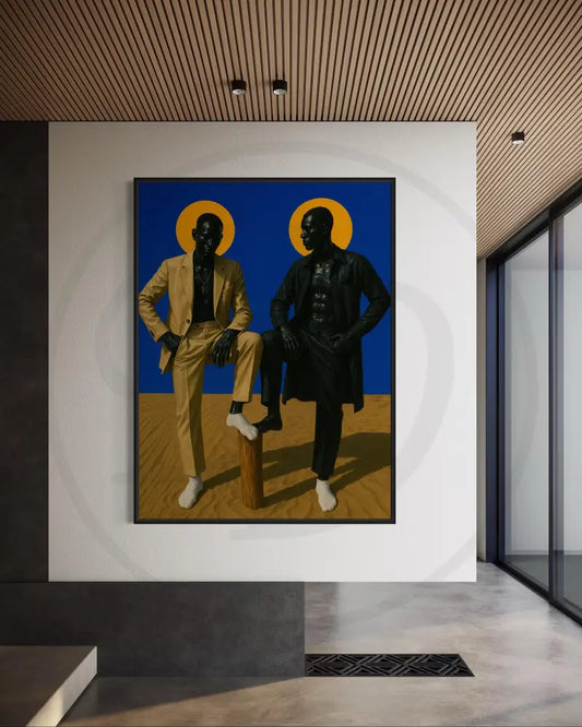 Afrocentric digital wall art of two Black men in stylish suits standing on sand with golden halos against a deep blue background. Printable Black art for modern interiors.