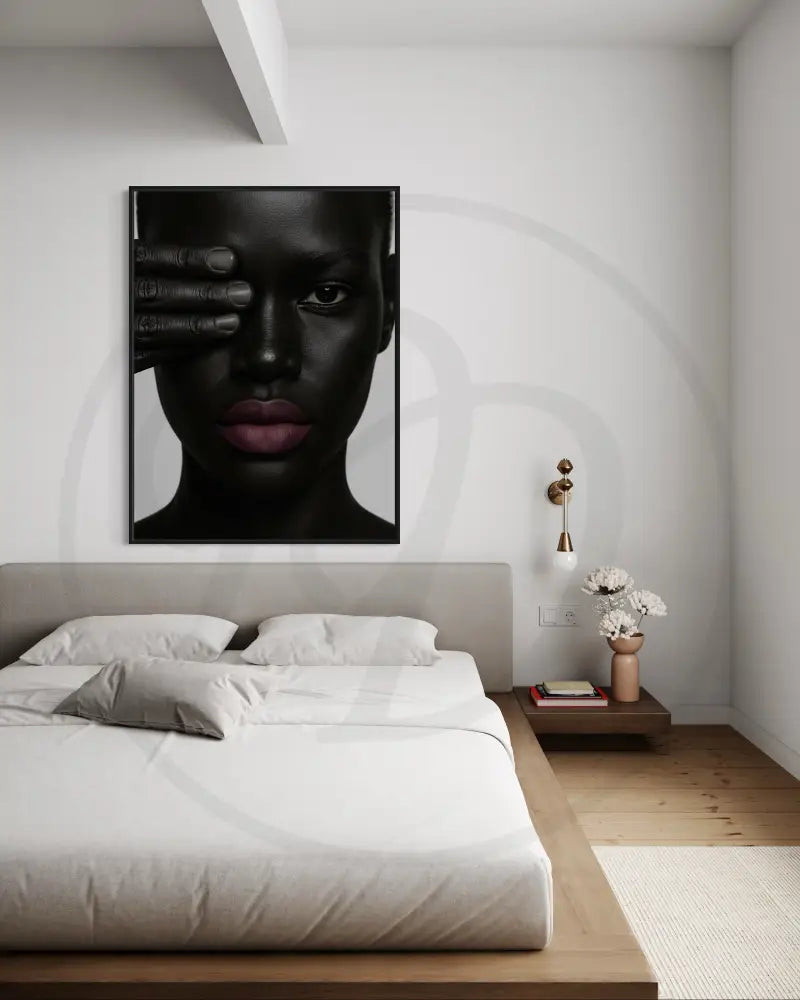 Bold Afrocentric art with deep ebony skin and mauve lips.